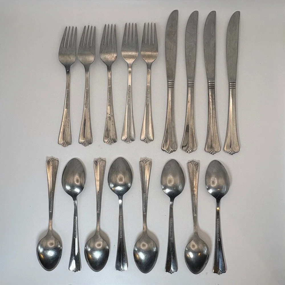 Vtg Rogers & Co Cascade Stainless Flatware Set 16 Pc Korea MCM Atomic Americana
